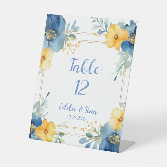Blue Yellow Peony Wedding Table Numbers Pedestal Sign (Front)
