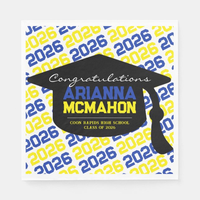 Blue & Yellow Personalised Graduation Cap Paper Napkin (Front)