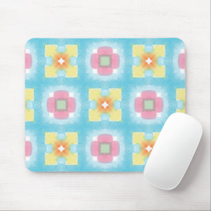 Blue yellow pink 60s 70s floral checkered pattern mouse mat