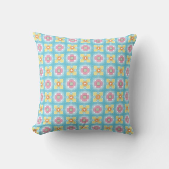 Blue yellow pink 60s 70s floral chequered pattern cushion (Front)