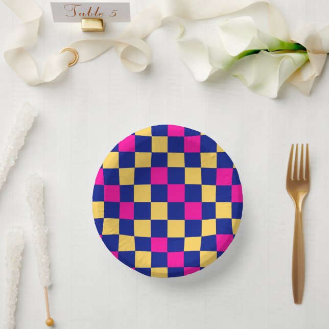 Blue Yellow Pink Checkered Pattern Design  Paper Plate (Wedding)