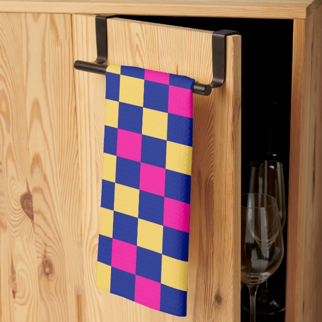Blue Yellow Pink Checkered Pattern Design  Tea Towel (Thirds Fold)