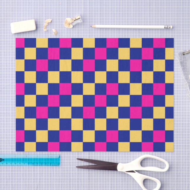 Blue Yellow Pink Checkered Pattern Design  Tissue Paper (Craft)