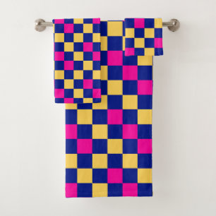 Blue Yellow Pink Chequered Pattern Design  Bath Towel Set