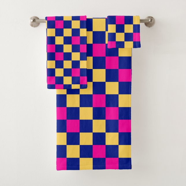 Blue Yellow Pink Chequered Pattern Design  Bath Towel Set (Insitu)