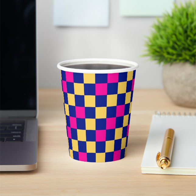Blue Yellow Pink Chequered Pattern Design  Paper Cups (Insitu)
