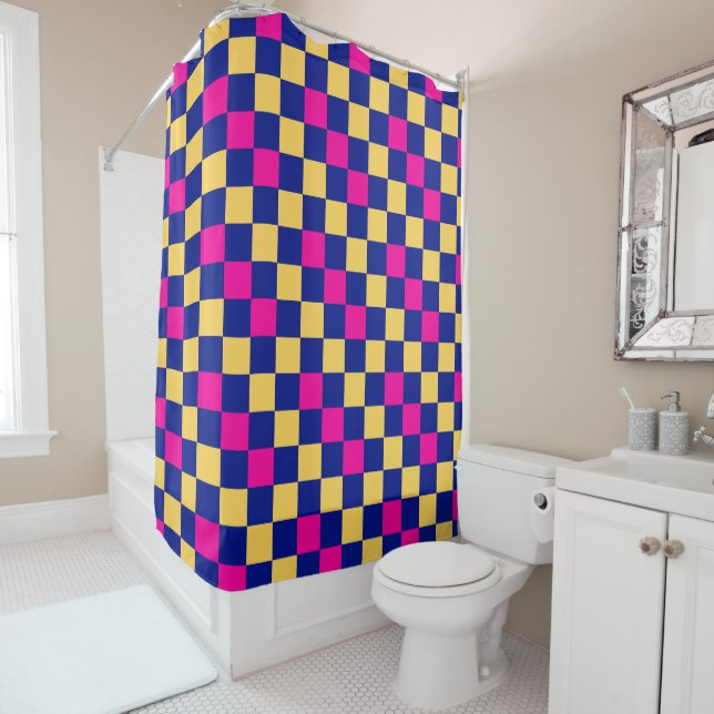 Blue Yellow Pink Chequered Pattern Design  Shower Curtain (In Situ)