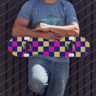 Blue Yellow Pink Chequered Pattern Design  Skateboard
