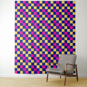 Blue Yellow Pink Chequered Pattern Design  Tapestry