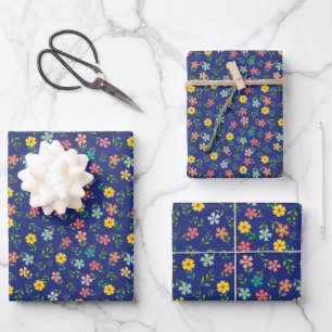 Blue Yellow Pink Floral Cottagecore Boho Flowers Wrapping Paper Sheet