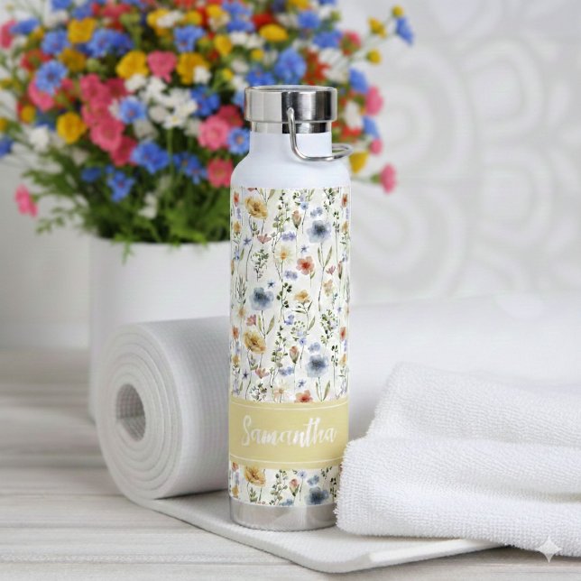 Blue Yellow Pink Floral Name Monogram Wildflower Water Bottle (Creator Uploaded)