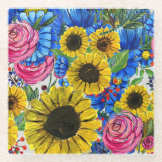 Blue Yellow Pink Floral Seamless Glass Coaster