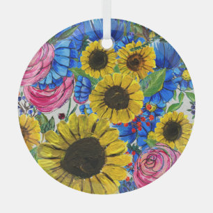 Blue Yellow Pink Floral Seamless Glass Tree Decoration