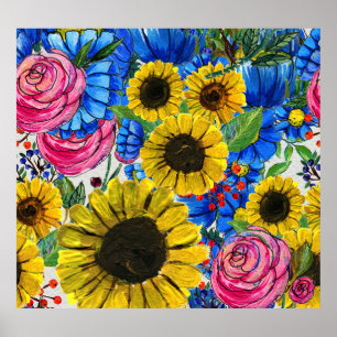 Blue Yellow Pink Floral Seamless Poster