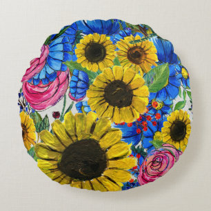 Blue Yellow Pink Floral Seamless Round Cushion