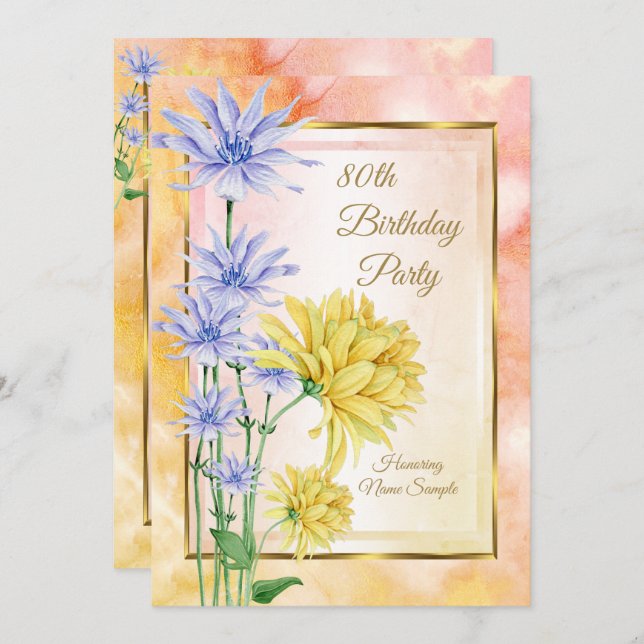 Blue Yellow Pink Flowers Birthday Party Invite (Front/Back)