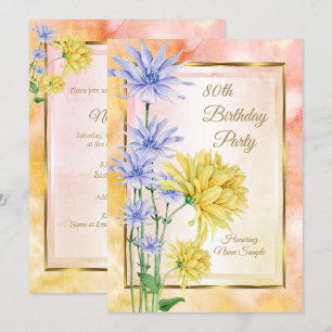 Blue Yellow Pink Flowers Birthday Party Invite