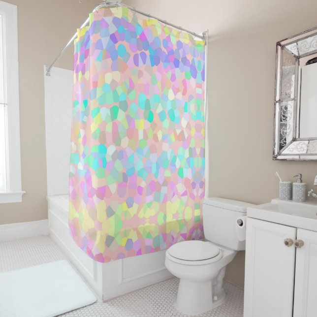 Blue Yellow Pink Green Pastel Mosaic Abstract Shower Curtain (In Situ)