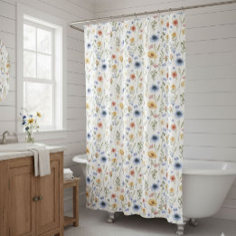 Blue Yellow Pink Wildflower Watercolor Shower Curtain