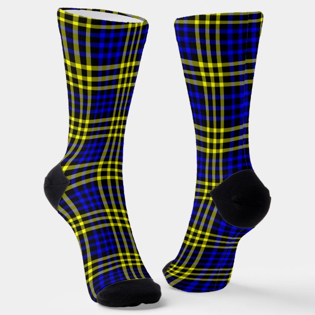 Blue Yellow Plaid Checker Seamless Pattern Socks (Angled)