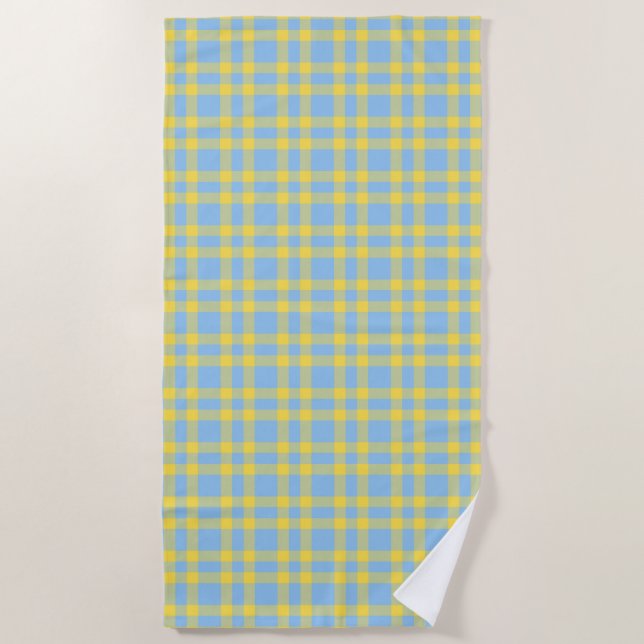 Blue Yellow Plaid Pattern Beach Towel (Front)
