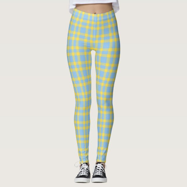 Blue Yellow Plaid Pattern Leggings (Front)