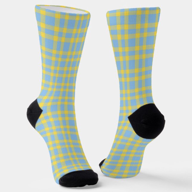 Blue Yellow Plaid Pattern Socks (Angled)