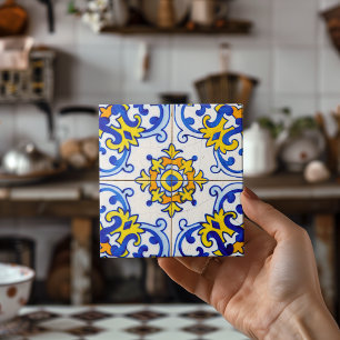 Blue Yellow Portuguese Mosaic Azulejo Art Tile
