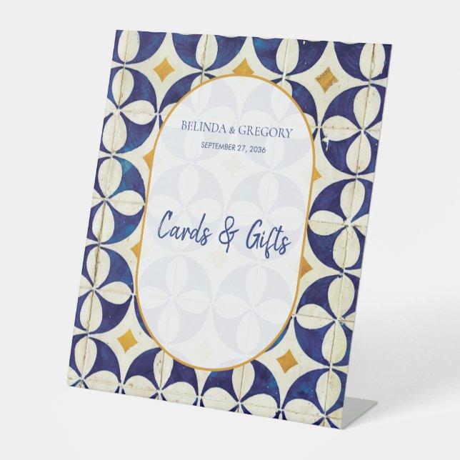 Blue & Yellow Portuguese Wedding Cards & Gifts Pedestal Sign (Front)