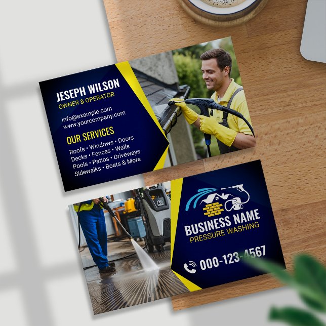 Blue Yellow Power Wash Cleaning Photo Business Card (Creator Uploaded)