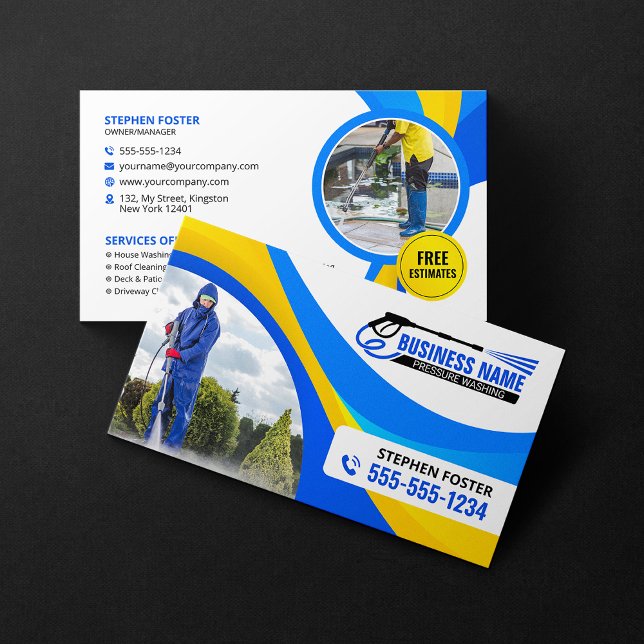 Blue Yellow Pressure Washing House Clean Services Business Card (Creator Uploaded)