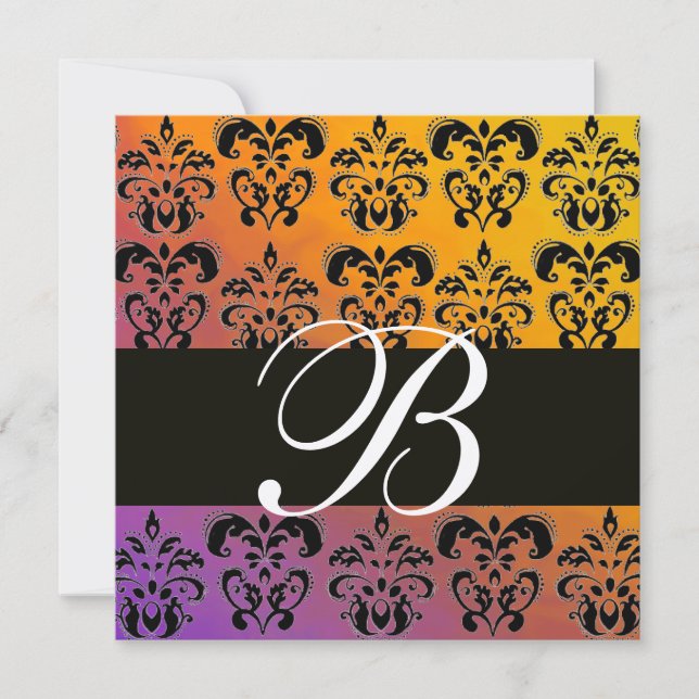 BLUE YELLOW PURPLE BLACK  DAMASK MONOGRAM ,Gold Invitation (Front)