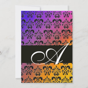 BLUE YELLOW PURPLE BLACK  DAMASK MONOGRAM ,white Invitation