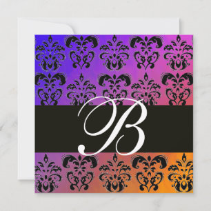 BLUE YELLOW PURPLE BLACK  DAMASK MONOGRAM , white Invitation