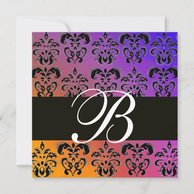 BLUE YELLOW PURPLE BLACK  DAMASK MONOGRAM , white Invitation (Front)