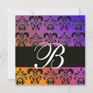 BLUE YELLOW PURPLE BLACK  DAMASK MONOGRAM , white Invitation