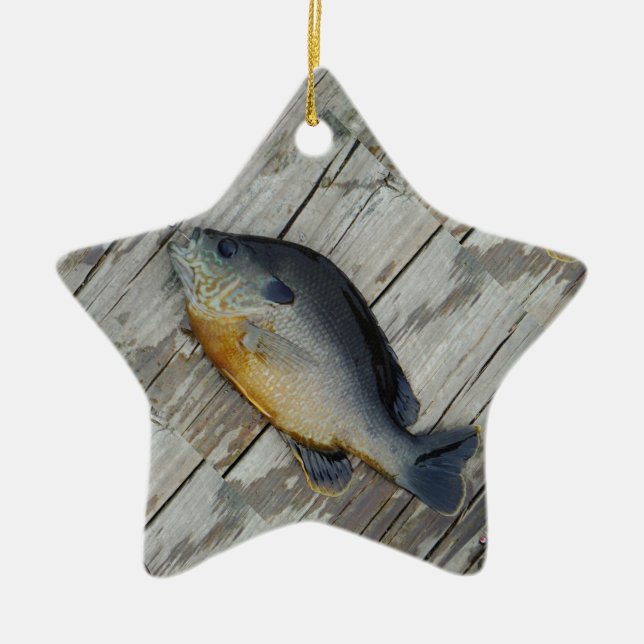 blue yellow purple teal, Bluegill fish on dock Ceramic Tree Decoration (Front)