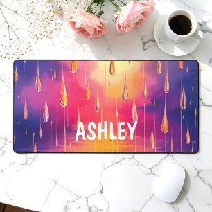 Blue Yellow Rain Drops Watercolor Colourful Desk Mat