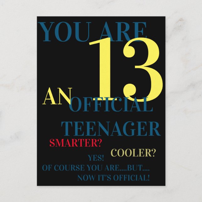 Blue Yellow Red 13 Official Teenager Boy Birthday Postcard (Front)