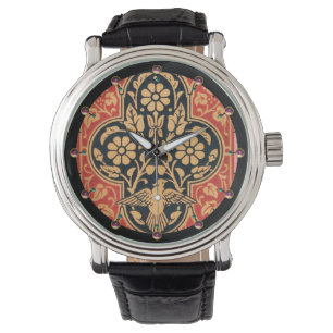 BLUE YELLOW RED DAMASK FLOWERS WITH DOVE Floral Watch