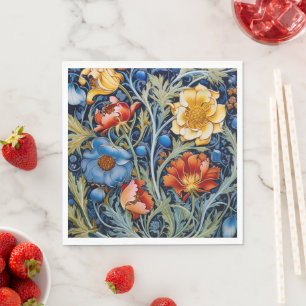 Blue Yellow Red Flowers William Morris Style  Napkin