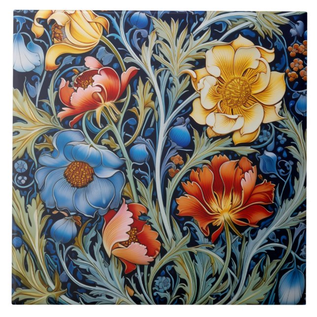  Blue Yellow Red Flowers William Morris Style  Tile (Front)