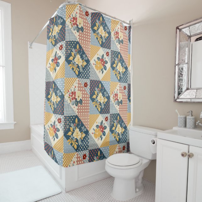 Blue Yellow Red Patchwork Quilt Floral Retro  Shower Curtain (In Situ)