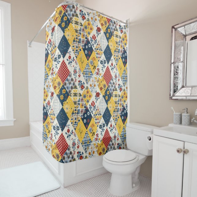 Blue Yellow Red Patchwork Quilt Floral Retro  Shower Curtain (In Situ)