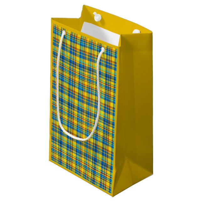 Blue, Yellow, Red Plaid Chequered pattern, Tartan Small Gift Bag (Front Angled)