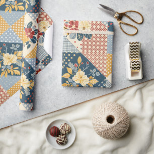 Blue Yellow Red Quilt Gingham Cottagecore Floral Wrapping Paper