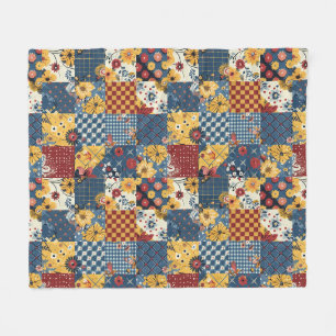 Blue Yellow Red Quilt Patchwork Gingham Floral Fleece Blanket