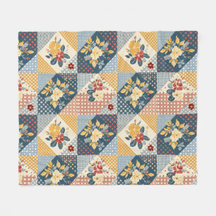 Blue Yellow Red Quilt Patchwork Gingham Floral Fleece Blanket