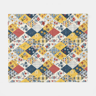 Blue Yellow Red Quilt Patchwork Gingham Floral Fleece Blanket