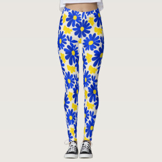 Blue & Yellow Retro Daisy Print Leggings
